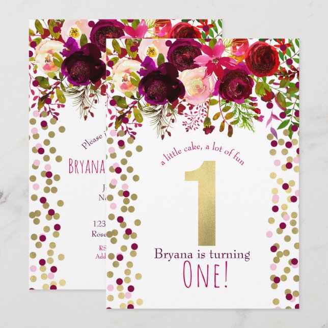 1st 1 Birthday Party Gold Burgundy Bold Floral Invitation (Front/Back)