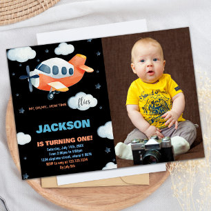 1st Airplane Birthday Invitations Orange w photo