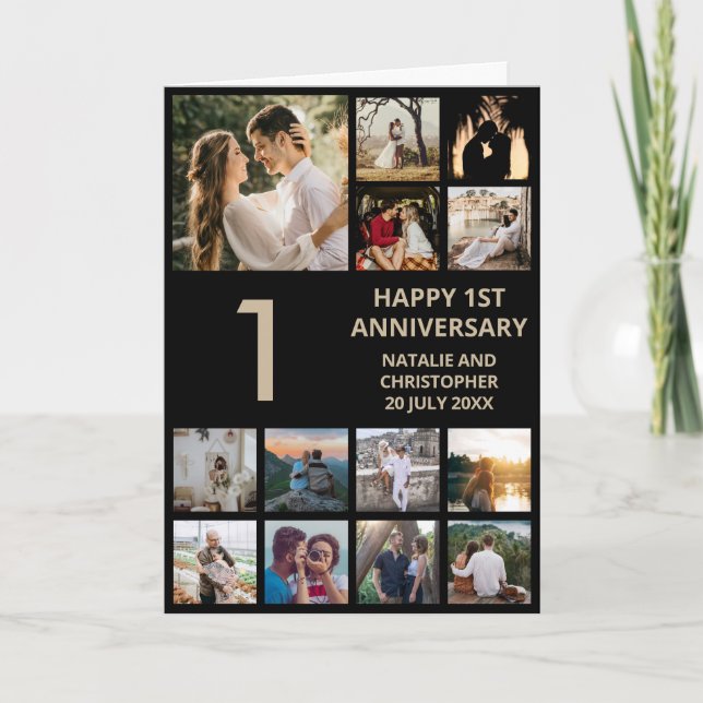 1st Anniversary 13 Photo Collage Black and Gold Card (Front)