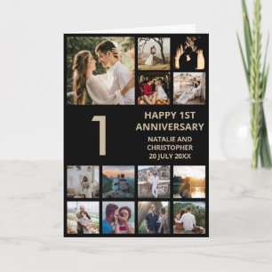 1st Anniversary 13 Photo Collage Black and Gold Card