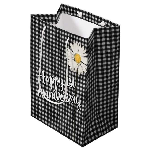 1st Anniversary Daisy On Gingham Medium Gift Bag (Front Angled)