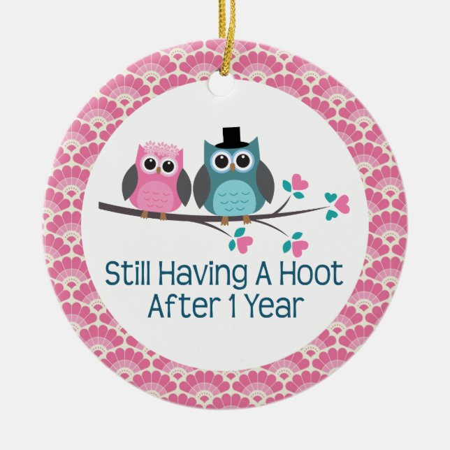 1st Anniversary Owl Wedding Anniversaries Gift Ceramic Ornament (Front)