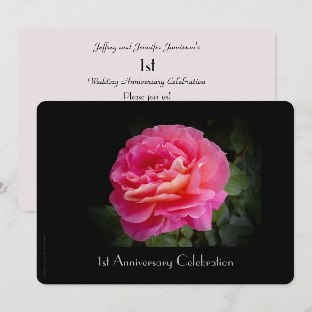1st Anniversary Party Invitation, Pink Rose Floral Invitation (Front/Back)