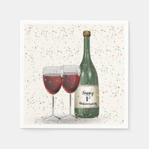 1st Anniversary Party Wine Bottle and Two Glasses Napkin
