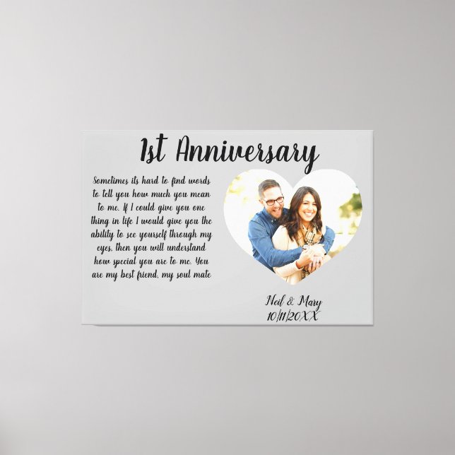 1st Anniversary Photo Heart Stretched Canvas Print (Front)