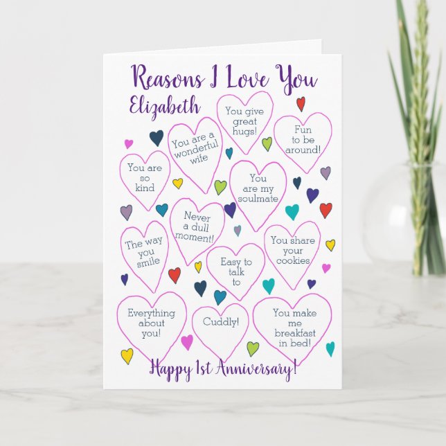 1st Anniversary Reasons I Love You Personalized Card (Front)