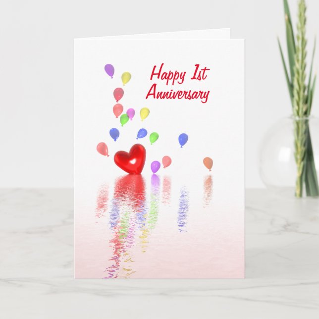 1st Anniversary Red Heart and Balloons Card (Front)