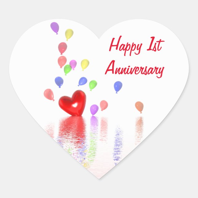 1st Anniversary Red Heart and Balloons Sticker (Front)