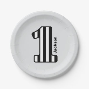 1st BABY Birthday Black Striped Big Number A20Z Paper Plate