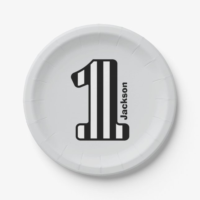 1st BABY Birthday Black Striped Big Number A20Z Paper Plate (Front)
