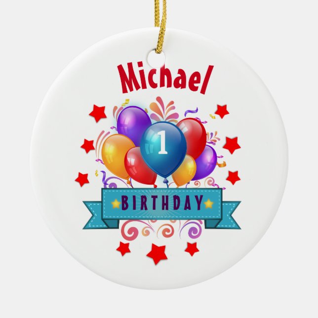1st BABY Birthday Festive Colourful Balloons V10IZ Ceramic Ornament (Front)