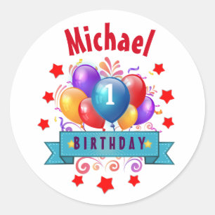 1st BABY Birthday Festive Colourful Balloons V10IZ Classic Round Sticker