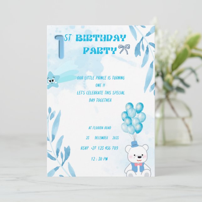 1st baby boy birthday invitation  (Standing Front)