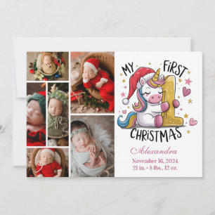 1st Baby Christmas 6 Photo  Pink Gold Unicorn Holiday Card