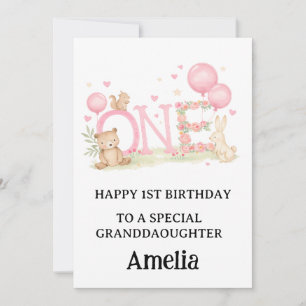 1st baby girl happy cute teddy bear pink balloons invitation