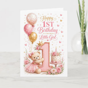 1st Baby Girl Teddy Birthday Card