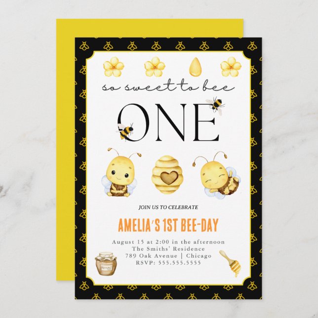 1st bee-day party, bee birthday party invitation (Front/Back)