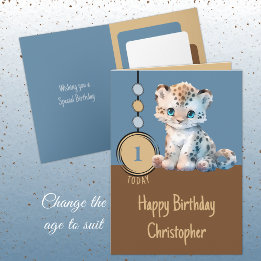 1st birthday 1 today name cute leopard blue card