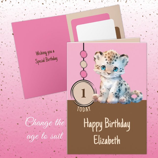 1st birthday 1 today name cute leopard pink card (Creator Uploaded)
