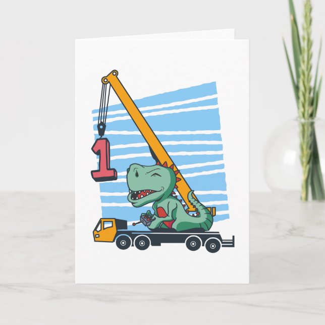 1st Birthday 1 year Mobile Crane Dinosaur Card (Front)