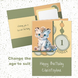 1st Birthday add name cute leopard green yellow Card