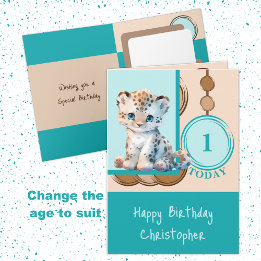 1st Birthday add name cute leopard pink brown Card