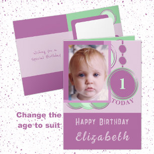 1st Birthday add name photo purple green Card