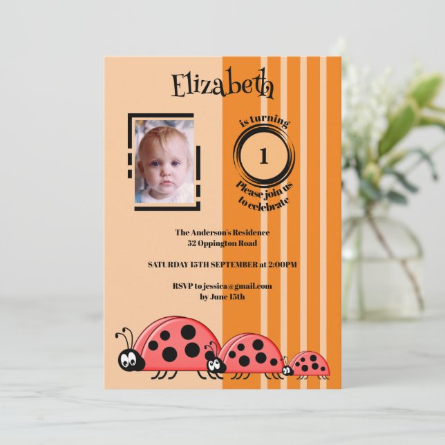 1st Birthday add photo ladybugs red orange Invitation (Standing Front)