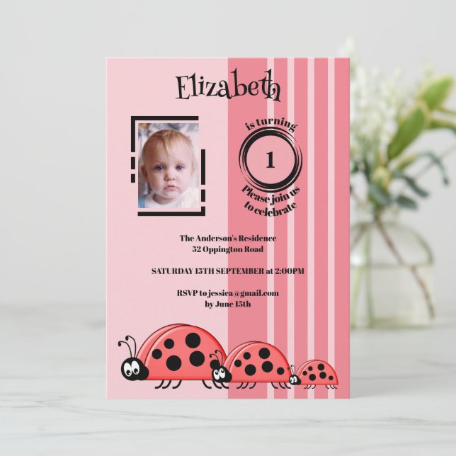 1st Birthday add photo ladybugs red pink Invitation (Standing Front)