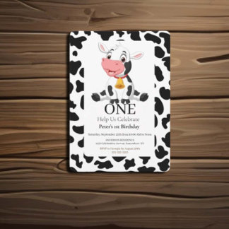 1st Birthday Adorable Black White Baby Cow Invitation