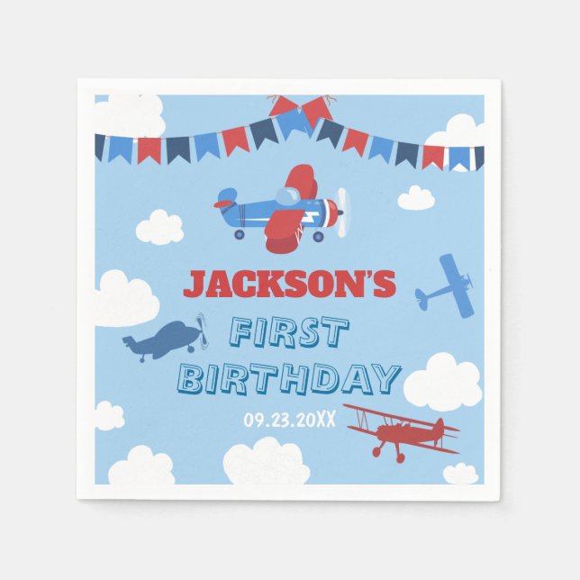 1st Birthday Airplane ONE Year Has Flown Sky Cloud Napkin (Front)