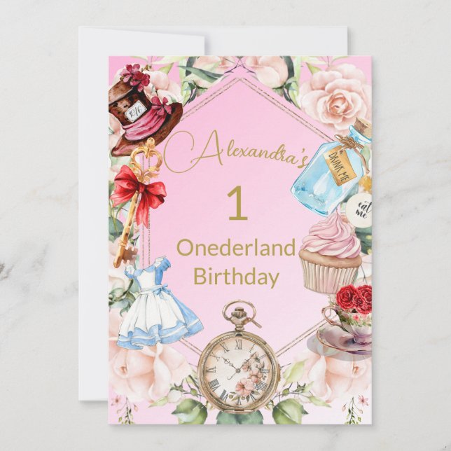 1st Birthday Alice In Wonderland Floral Pink  Invitation (Front)