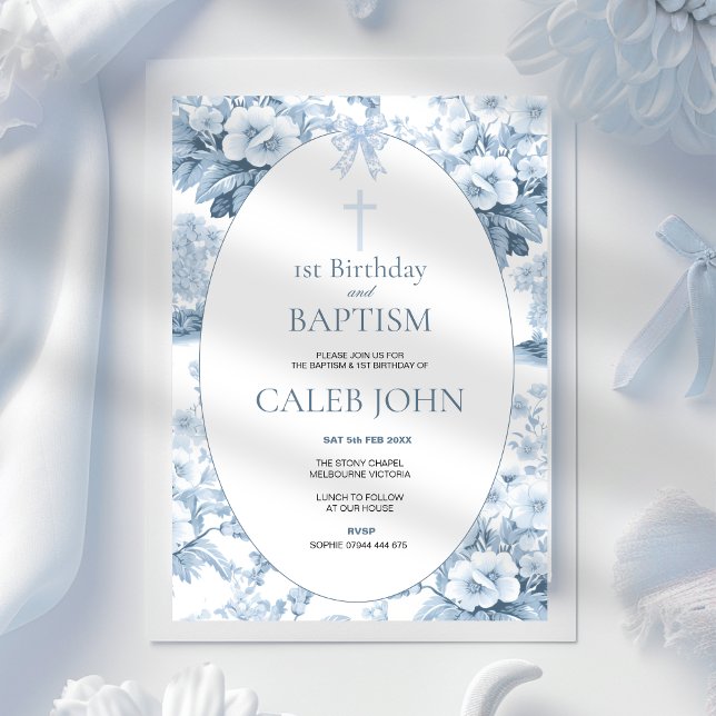 1st Birthday and Baptism for Boy Blue Toile  Invitation (Creator Uploaded)