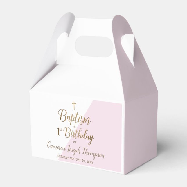 1st Birthday and baptism Pink baby Girl Favor Box (Front Side)