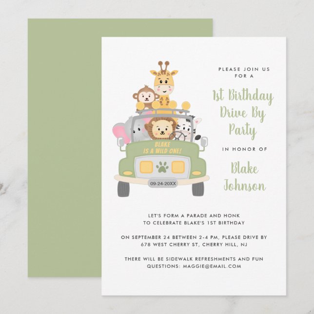 1st Birthday Animal Safari Drive By Party Invitation (Front/Back)