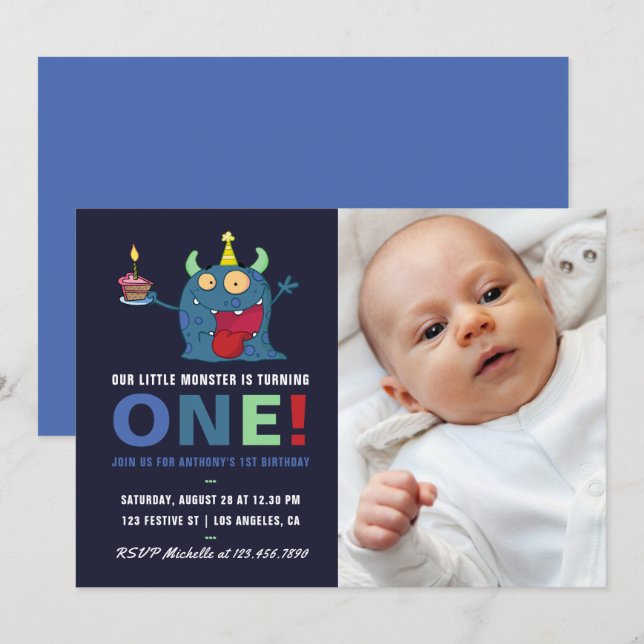 1st Birthday Baby Boy Little Monster Invitation (Front/Back)