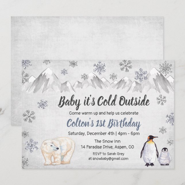 1st Birthday Baby It's Cold Outside Invitation (Front/Back)