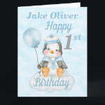 1st Birthday Baby Penguin Blue Big Card<br><div class="desc">A big 1st birthday baby penguin birthday card. The card features a baby boy penguin in a sailors outfit sitting on a cloud holding balloon and a pale blue sky background . A sweet design to celebrate a first year birthday for any little boy especially a grandson or nephew ....</div>