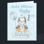 1st Birthday Baby Penguin Blue Big Card<br><div class="desc">A big 1st birthday baby penguin birthday card. The card features a baby boy penguin in a sailors outfit sitting on a cloud holding balloon and a pale blue sky background . A sweet design to celebrate a first year birthday for any little boy especially a grandson or nephew ....</div>