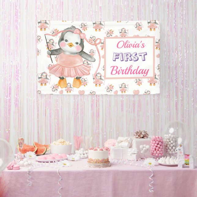 1st Birthday Ballerina Penguin Pink Banner (Party)