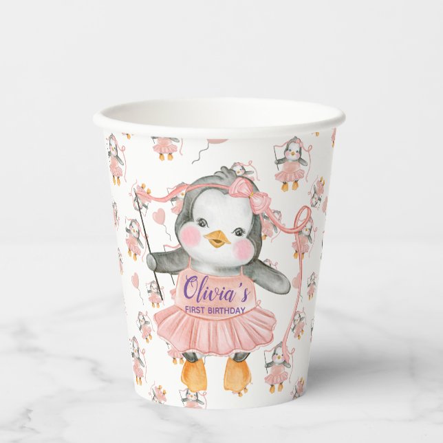 1st Birthday Ballerina Penguin Pink Paper Cups (Front)