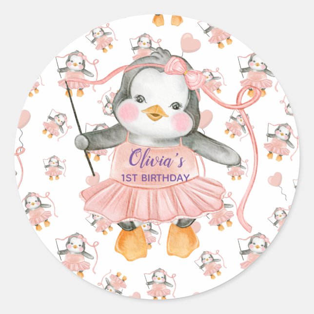 1st Birthday Ballerina Penguin Pink Personalized Classic Round Sticker (Front)