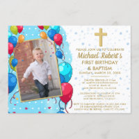 1st Birthday Baptism Blue Gold Text Photo Balloons