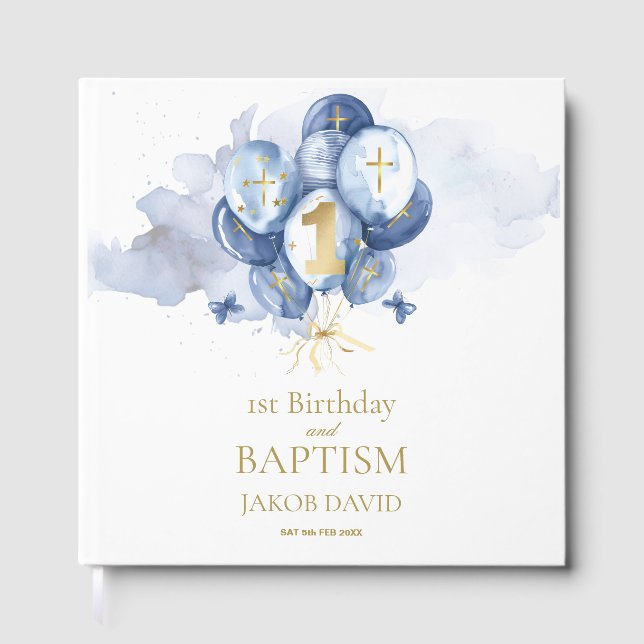1st Birthday & Baptism Keepsake Guest Book for Boy (Front)