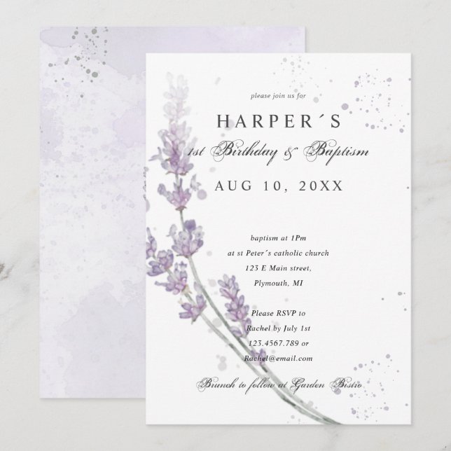 1st Birthday Baptism lavender flowers Invitation (Front/Back)