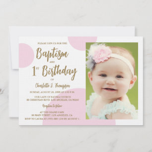 1st Birthday Baptism Photo Pink Gold Custom Invitation