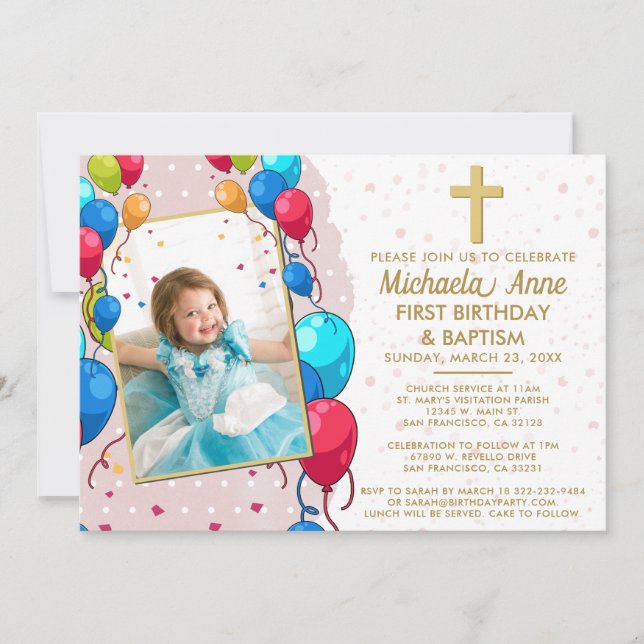 1st Birthday Baptism Pink Gold Text Photo Cross Invitation (Front)