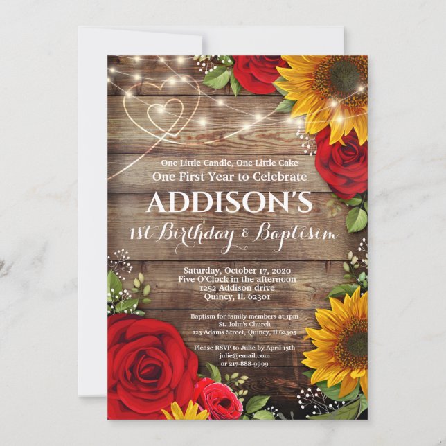 1st Birthday Baptism Sunflower & Roses Invitation (Front)