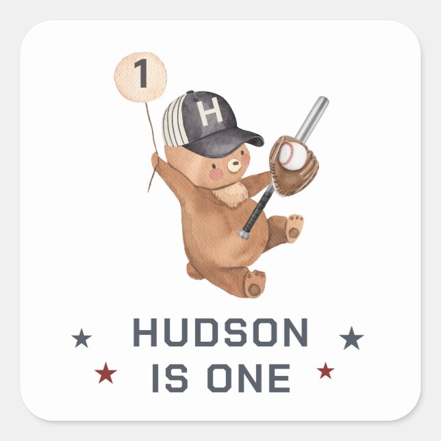 1st Birthday Baseball Bear Square Sticker (Front)