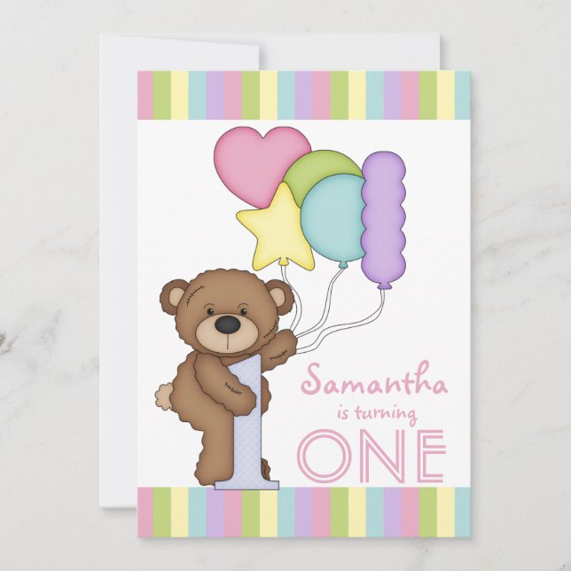 1st Birthday Bear Rainbow Stripes and Balloons Invitation (Front)